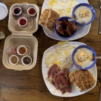 Biscuit Head - Biscuit and Country Ham, Bacon, Jalapeno Pimento Cheese, Looking Glass Creamery Fromage Grits - Bakeries Near Me - Asheville, North Carolina