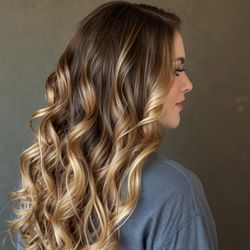 Lookin' Good Salon - Rooted Balayage blonde highlights with shine boost treatment.