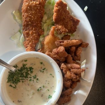 Shipwreck Cafe - Half of the seafood platter: cod filet, shrimp, clam strips, and fried oysters with a cup of chowder. - Cafes Near Me - Olympia, Washington