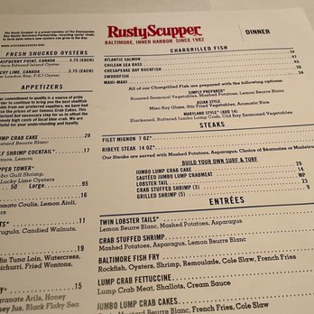 Rusty Scupper - Close up of top half of dinner menu (Nov 2021) - zoom in to see details and prices - Seafood Near Me - Baltimore, Maryland Rusty Scupper - Close up of top half of dinner menu (Nov 2021) - zoom in to see details and prices - Seafood Near Me - Baltimore, Maryland