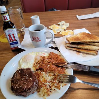 Denny's - sirloin steak breakfast. medium hash browns eggs over medium sourdough toast coffee A1 just put on ready to gorge - American Near Me - Whiteland, Indiana Denny's - sirloin steak breakfast. medium hash browns eggs over medium sourdough toast coffee A1 just put on ready to gorge - American Near Me - Whiteland, Indiana