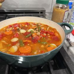 Le Creuset Outlet Store - The soup pot in artichoke color that I made homemade vegetable soup in.