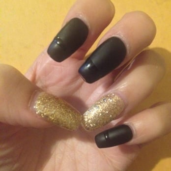 Adela Nails & Spa - Matte black with a nice, shiny-black accent strip and of course gold! - Nail Salons Near Me - Vancouver, Washington Adela Nails & Spa - Matte black with a nice, shiny-black accent strip and of course gold! - Nail Salons Near Me - Vancouver, Washington