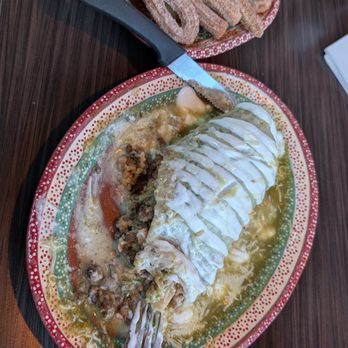 The Pozole Place - Asada Wet Burrito with Green Sauce With Churros - Soup Near Me - Rancho Cucamonga, California The Pozole Place - Asada Wet Burrito with Green Sauce With Churros - Soup Near Me - Rancho Cucamonga, California