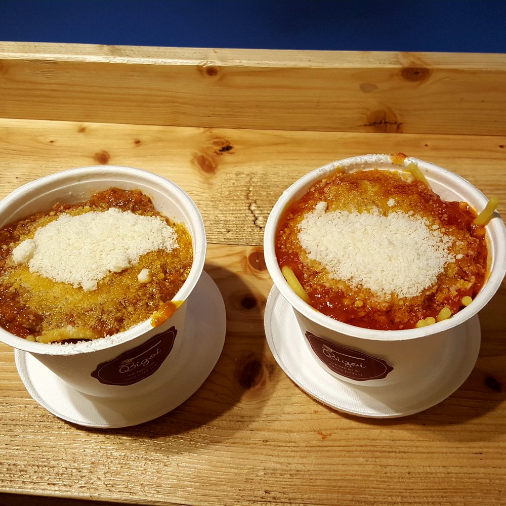Bigoi - Bolognese on the left and amatriciana on the right - Italian Near Me - Venezia, VE Bigoi - Bolognese on the left and amatriciana on the right - Italian Near Me - Venezia, VE