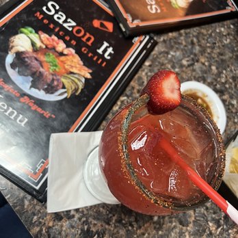 Sazon It Mexican Grill - This is there strawberry margarita . - New Mexican Cuisine Near Me - Rialto, California Sazon It Mexican Grill - This is there strawberry margarita . - New Mexican Cuisine Near Me - Rialto, California