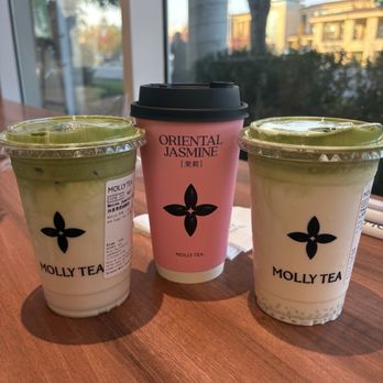 Molly Tea - Left side: Matcha Jasmine salted cheese. Middle: Premium Jasmine Milk Tea. Right: Premium Jasmine Matcha Milk Tea - Bubble Tea Near Me - Cupertino, California Molly Tea - Left side: Matcha Jasmine salted cheese. Middle: Premium Jasmine Milk Tea. Right: Premium Jasmine Matcha Milk Tea - Bubble Tea Near Me - Cupertino, California
