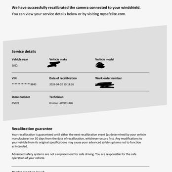Safelite AutoGlass - Certificate of Recalibration (Email) - Windshield Installation & Repair Near Me - Albuquerque, New Mexico
