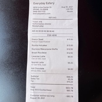 Everyday Eatery - Receipt typed by a lying moron. - Cafes Near Me - Irvine, California Everyday Eatery - Receipt typed by a lying moron. - Cafes Near Me - Irvine, California