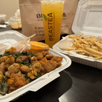 Beastea - (holy mother of portions) Popcorn Chicken & Garlic Fries (yum!) and Mango-holic Fruit Tea - Coffee & Tea Near Me - Santa Clara, California Beastea - (holy mother of portions) Popcorn Chicken & Garlic Fries (yum!) and Mango-holic Fruit Tea - Coffee & Tea Near Me - Santa Clara, California