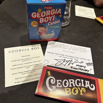 Georgia Boy - Anniversary thank you card and Georgia Boy chocolate - New American Near Me - Atlanta, Georgia Georgia Boy - Anniversary thank you card and Georgia Boy chocolate - New American Near Me - Atlanta, Georgia