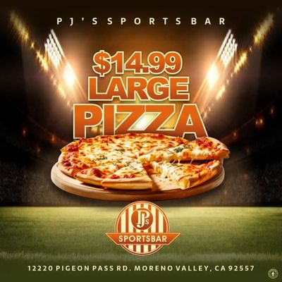 Photo of PJ SPORTS BAR - Moreno Valley, CA, US. a large pizza on a plate
