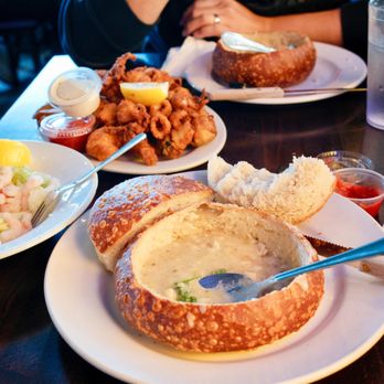 Barbara's Fishtrap - clam chowder in bread bowl, mini fish trap, baby shrimp cocktail - Seafood Near Me - Half Moon Bay, California Barbara's Fishtrap - clam chowder in bread bowl, mini fish trap, baby shrimp cocktail - Seafood Near Me - Half Moon Bay, California