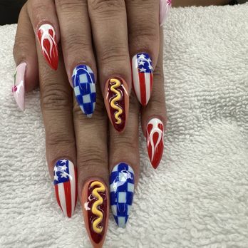 Surf City Nails - Memorial weekend Custom set with glizzy "hot dog" nail, American flag, cherries on the thumb and a flame - Nail Salons Near Me - Huntington Beach, California