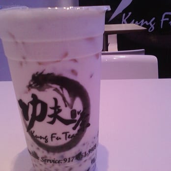 Kung Fu Tea - With cell phone camera: Milk Green Tea w. bubbles and green beans - Coffee & Tea Near Me - Elmhurst, New York