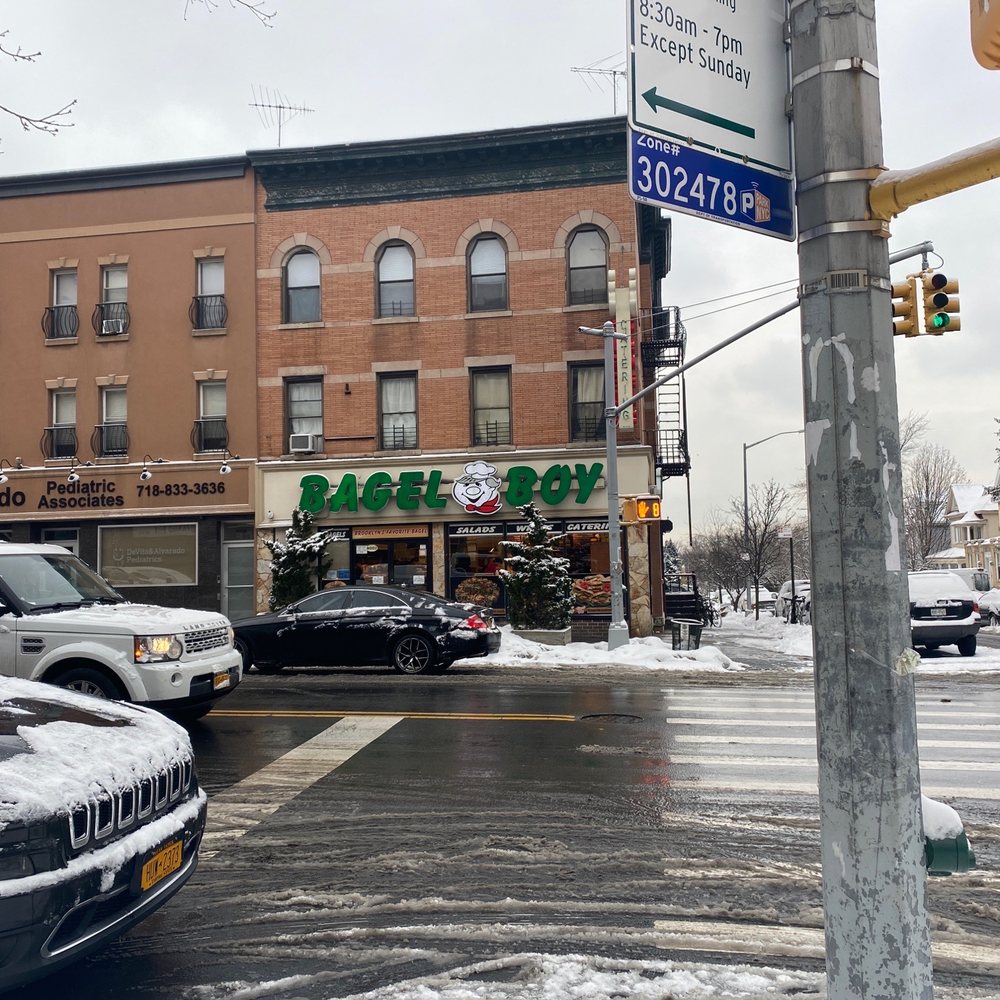Bagel Boy - cars parked on a snowy street - Bagels Near Me - Brooklyn, New York