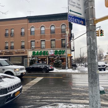 Bagel Boy - cars parked on a snowy street - Bagels Near Me - Brooklyn, New York