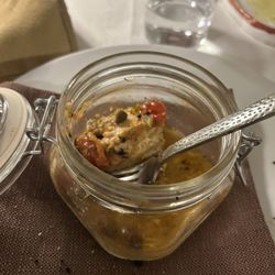 James Joyce Cafe - Swordfish baked in a jar with white wine, olives and capers. First time for me & it was tasty.