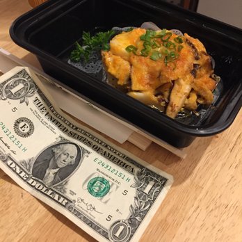 Genki Ya - Boston - Hotate Kaiyaki- dollar bill gives a good perspective of the size - Sushi Bars Near Me - Boston, Massachusetts Genki Ya - Boston - Hotate Kaiyaki- dollar bill gives a good perspective of the size - Sushi Bars Near Me - Boston, Massachusetts