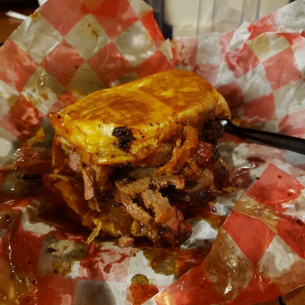 Mad Jack's Mountaintop Barbecue - Mad Jack sandwich with chopped brisket, pepper Jack cheese, grilled peppers and onions and of course BBQ sauce.  Delicious!!! - Barbeque Near Me - Cloudcroft, New Mexico