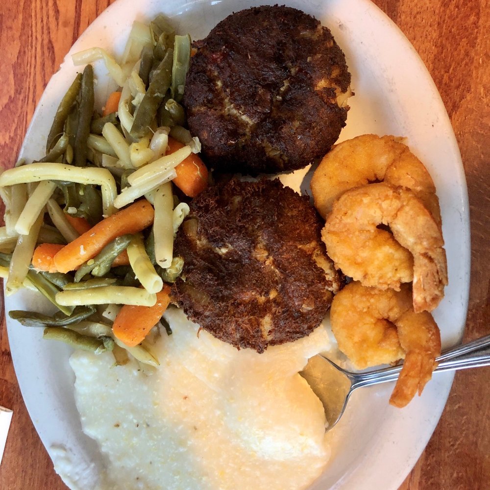 Whaley's - Crab cakes and shrimp with grits and veggies - Bars Near Me - Edisto Island, South Carolina Whaley's - Crab cakes and shrimp with grits and veggies - Bars Near Me - Edisto Island, South Carolina