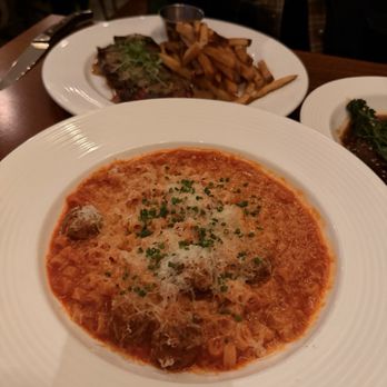 Lobby Bar - Spicy rigatoni and steak frites (broccolini peaking on the right) - American Near Me - Washington, DC, District of Columbia