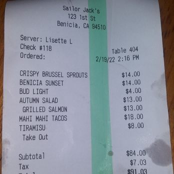 Sailor Jack's - Receipt - Seafood Near Me - Benicia, California