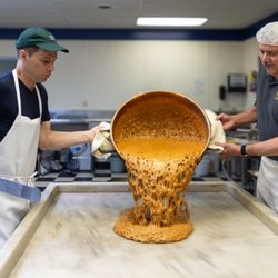Pouring our butter almond toffee