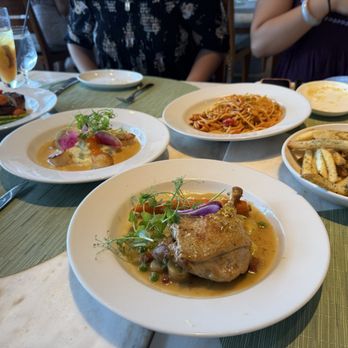 Mariposa - L to R: pork chop, Seared Diver Scallops*, duck breast, crab pasta, Fresh Herb Fries - New American Near Me - Honolulu, Hawaii Mariposa - L to R: pork chop, Seared Diver Scallops*, duck breast, crab pasta, Fresh Herb Fries - New American Near Me - Honolulu, Hawaii
