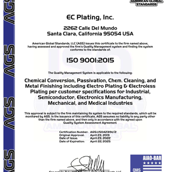 E C Plating - ISO 9001:2015 Certified - Metal Fabricators Near Me - Santa Clara, California