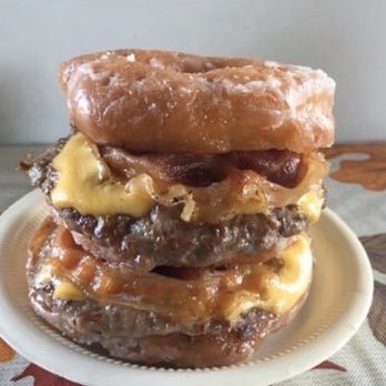 Beansie's Bus - Double Georgia Burger A double Cheeseburger with Bacon on a Grilled Glazed Donut ! - Food Trucks Near Me - Burlington, Vermont