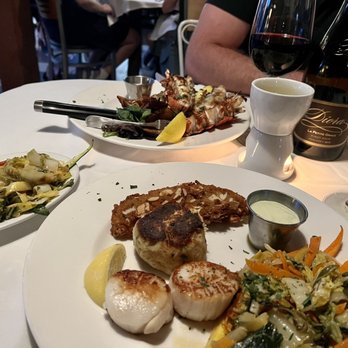 Paula's On Main - Lobster tail, sautéed vegetables, combo platter (scallops, crab cake, almond crusted walleye) - Seafood Near Me - Fort Wayne, Indiana