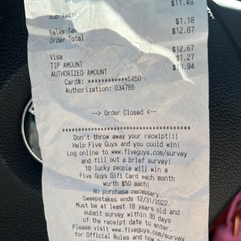 Five Guys - $1.27 tip to someone who is rude and lacks intelligence and customer service skills... NEVER!!! - Burgers Near Me - Culver City, California Five Guys - $1.27 tip to someone who is rude and lacks intelligence and customer service skills... NEVER!!! - Burgers Near Me - Culver City, California