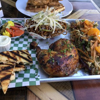 Lacquered - 1/4 chicken plate (salt and pepper chicken thigh, garlic noodles, salad with peanut dressing, pickled vegetables, garlic naan) - Chicken Shop Near Me - Long Beach, California Lacquered - 1/4 chicken plate (salt and pepper chicken thigh, garlic noodles, salad with peanut dressing, pickled vegetables, garlic naan) - Chicken Shop Near Me - Long Beach, California
