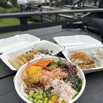 One Sushi - Salmon bowl, vegetarian gyoza, yam roll and avocado roll - Korean Near Me - Jasper, Alberta
