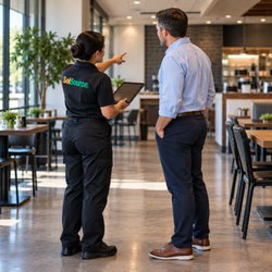 SolSource Clean - A SolSource representative conducts a commercial cleaning site walkthrough with a facility contact, reviewing the property be...