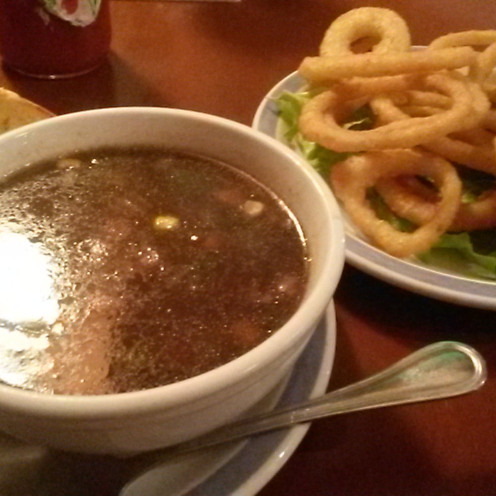 Moose's Down Under - Veggie beef soup and onion rings. - Pubs Near Me - Vancouver, British Columbia Moose's Down Under - Veggie beef soup and onion rings. - Pubs Near Me - Vancouver, British Columbia