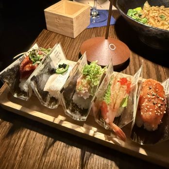 Room Service - Room Service Supreme Hand Rolls set (from left to right: Spicy toro jalapeño, Saba, Yellowtail scallion, Ama Abi, Salmon topped ikura) - Japanese Near Me - Milwaukee, Wisconsin