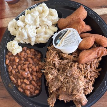 Pigman's Barbeque - Pork Plate with Macaroni and cheese, baked beans and hush puppies - Sandwiches Near Me - Kill Devil Hills, North Carolina