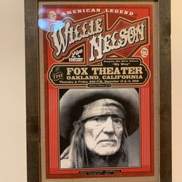 Willie Nelson lithograph from Fox Theater with reclaimed barn wood frame. Willie Nelson lithograph from Fox Theater with reclaimed barn wood frame.