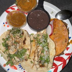 El Rincon Del Sabor - Grilled chicken tacos - homemade corn tortillas. Homemade black beans on the side. Great salsa roja. And birria tacos.