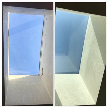 DenCo Plaster - Before and after of a water damaged plaster skylight with unfinished edges, completely finished out after. - Drywall Installation & Repair Near Me DenCo Plaster - Before and after of a water damaged plaster skylight with unfinished edges, completely finished out after. - Drywall Installation & Repair Near Me
