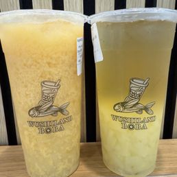 Orange Yakult and Four Seasons Tea, both with coconut jelly Orange Yakult and Four Seasons Tea, both with coconut jelly