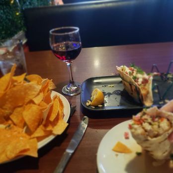 Fat Stork - Fish Tacos- side hummas and guacamole, glass wine. - New American Near Me - Davie, Florida Fat Stork - Fish Tacos- side hummas and guacamole, glass wine. - New American Near Me - Davie, Florida