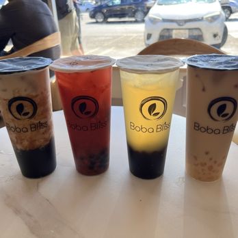 Boba Bliss - (L to R) Brown Sugar Pearl Latte, Strawberry Mint Green Tea,Assam Black tea w.milk, Alishan Oolong Tea - Bubble Tea Near Me - Castro Valley, California Boba Bliss - (L to R) Brown Sugar Pearl Latte, Strawberry Mint Green Tea,Assam Black tea w.milk, Alishan Oolong Tea - Bubble Tea Near Me - Castro Valley, California