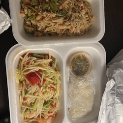 Manam Noodle Soup Bar - PKM (forgot to order diff noodle) Som Tom with stick rice and nam Jim jeow