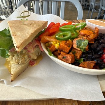 Sunflower Bakehouse - Half and Half Chickpea "chick'n" salad and southwest salad - Vegan Near Me - Nashville, Tennessee Sunflower Bakehouse - Half and Half Chickpea "chick'n" salad and southwest salad - Vegan Near Me - Nashville, Tennessee