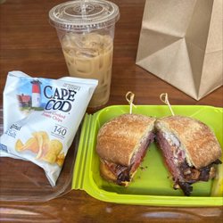Cornerstone Cafe - Blue steak ciabatta Sandwhich, chips, pickle, and a medium iced coffee for less than $10!