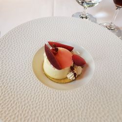 Café Boulud at Blantyre - Yuzu cheesecake. Sesame mirliton, sake poached plum, puffed rice. 2020 09 16.