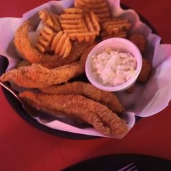 Spring River Draft House & Grill - Fried catfish, waffle fries, and coleslaw.